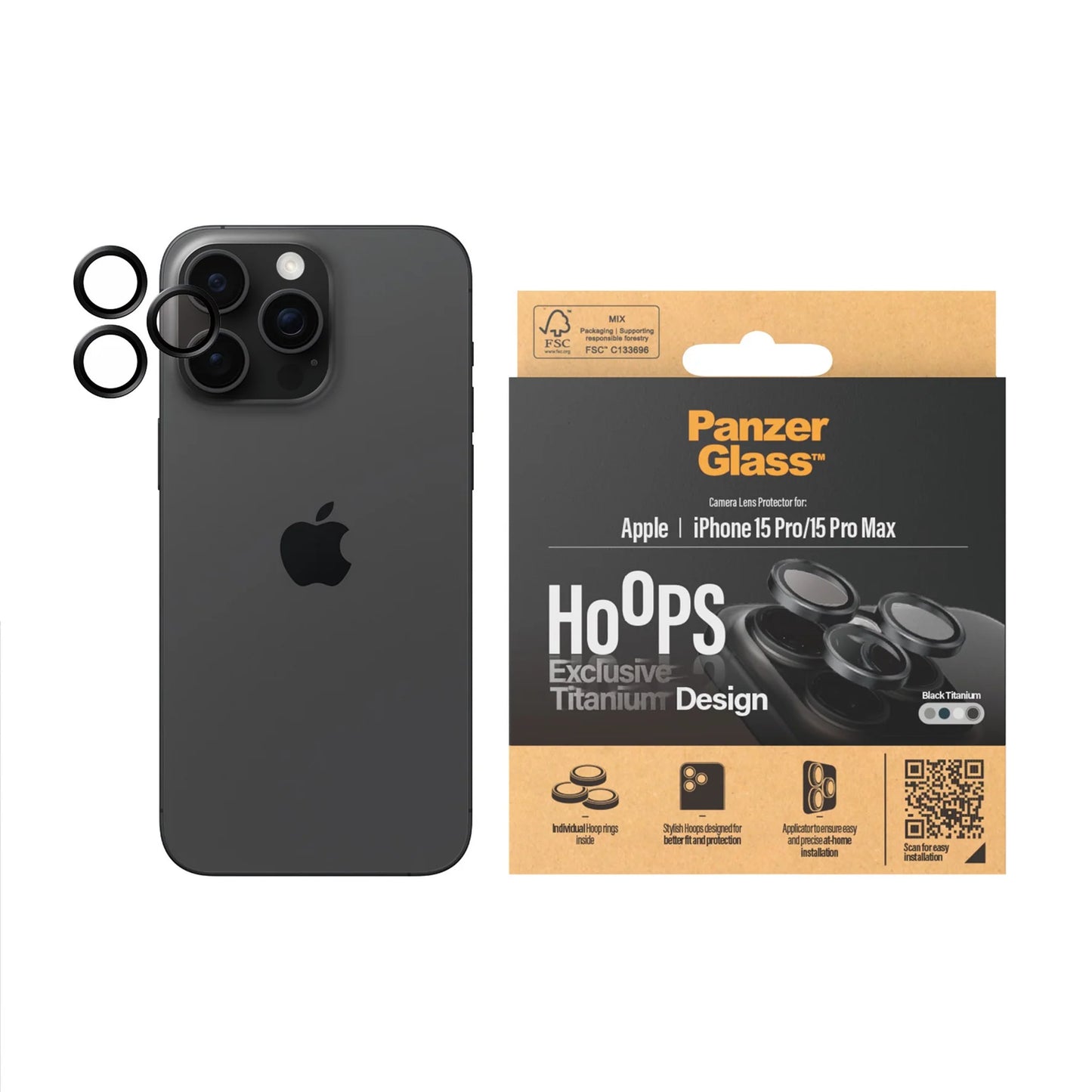 PanzerGlass Camera Lens Protector Hoop Optic Rings for iPhone 15 Pro / iPhone 15 Pro Max (Black)